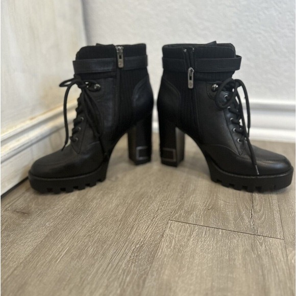 New Antonio Melani 9.5 Perline Leather Lac Up Platform Heel Booties Black - Picture 3 of 7